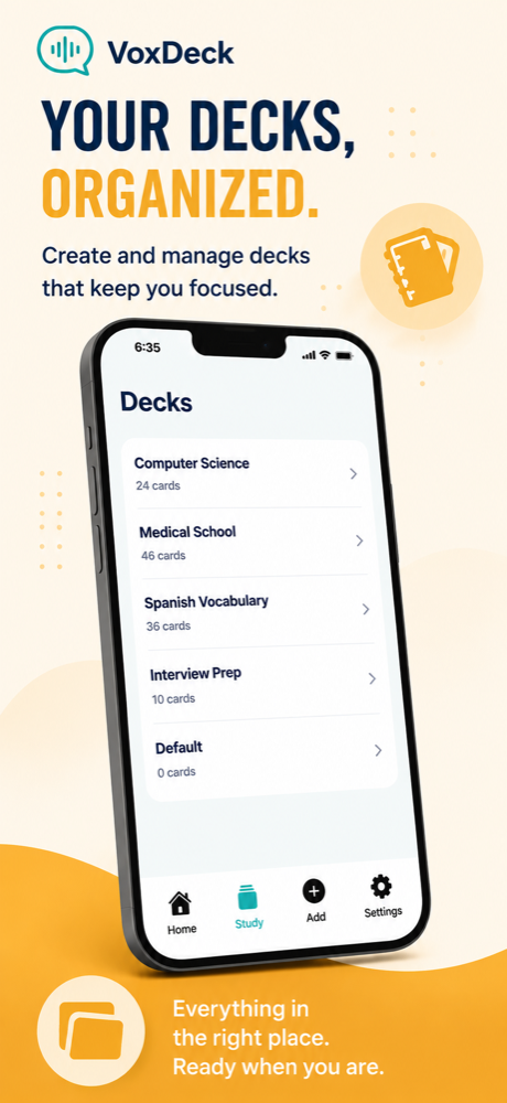 VoxDeck Decks screen listing subject decks such as Computer Science, Medical School, and Spanish Vocabulary with their card counts.