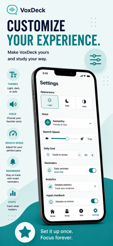 VoxDeck Settings screen showing an appearance theme toggle, voice picker, speech-speed slider, daily goal, daily reminder, and haptic feedback.